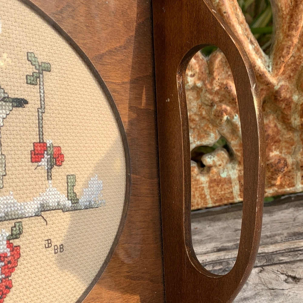 Vintage Glass Framed Dove Cross-Stitch Wooden Tray - Picture 4 of 11